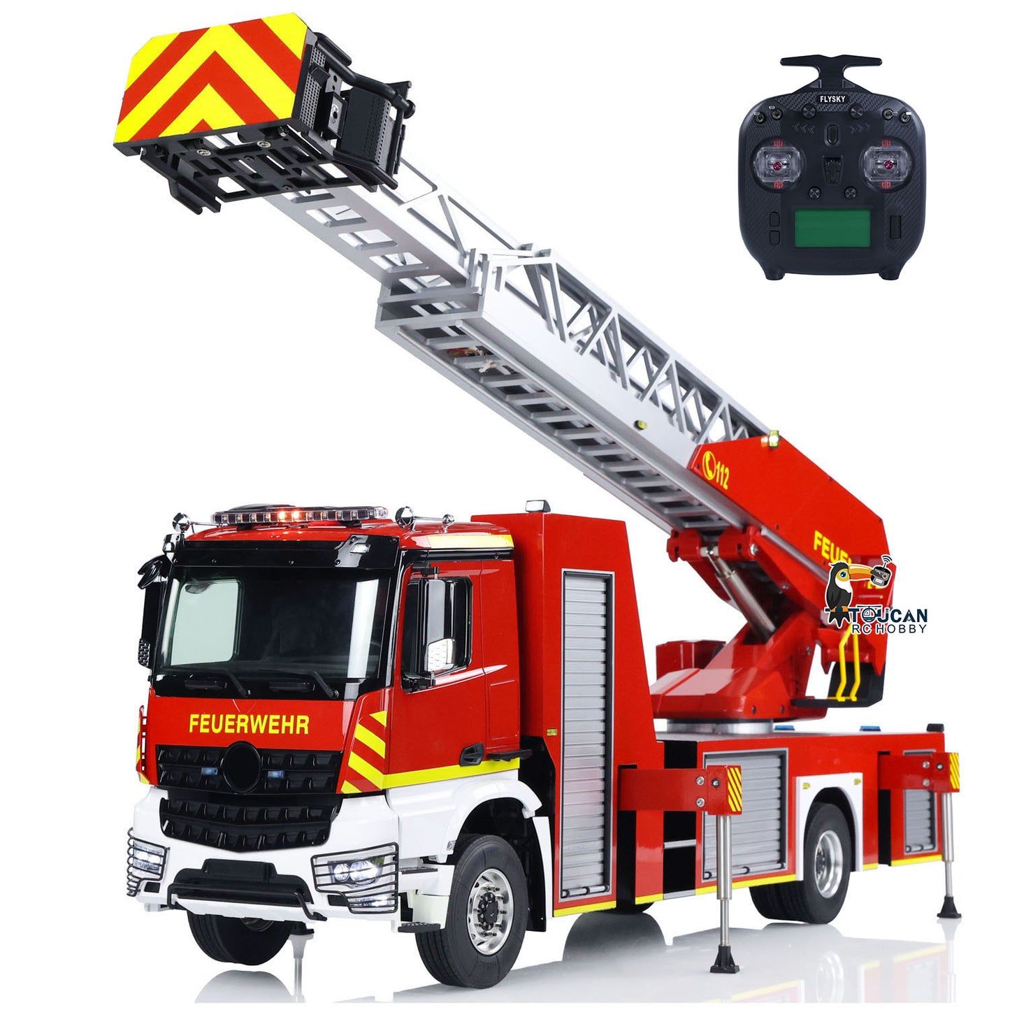 Full view of PS0013 RC ladder fire truck with sturdy 4x2 metal chassis
