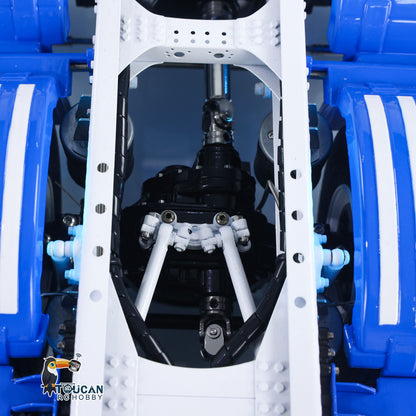 Blue and white painted 10x10 RC tractor truck, full exterior view
