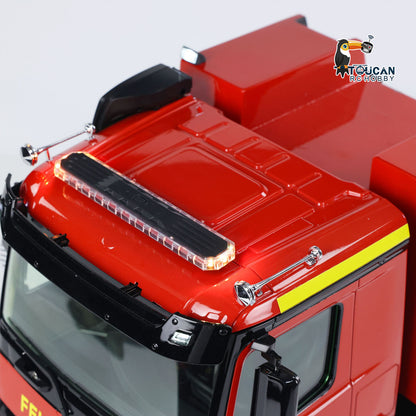 Red and black painted RC ladder fire truck, overall view
