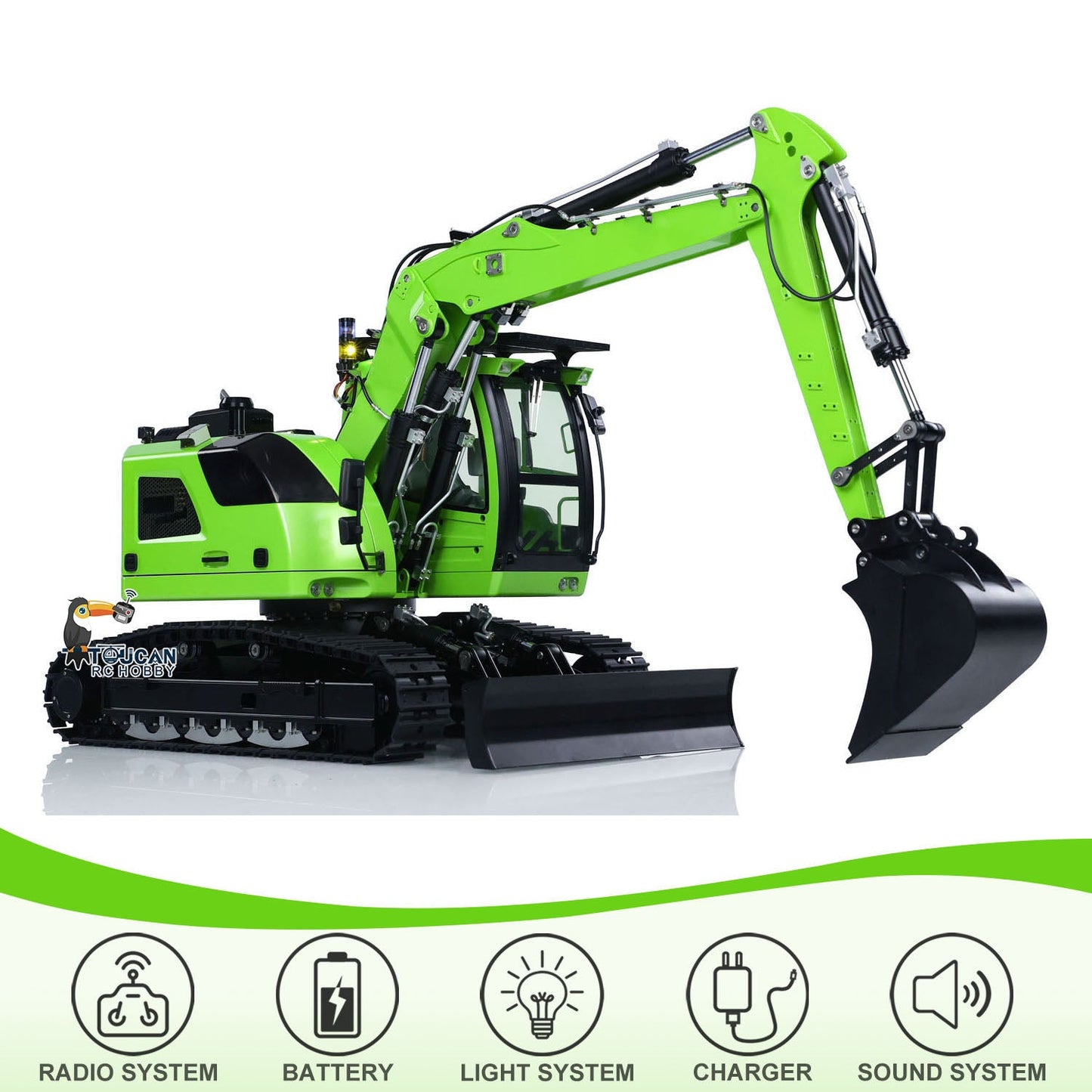 Simulated remote operated excavator built in motor esc servo sound light group all metal three arm boom structure
