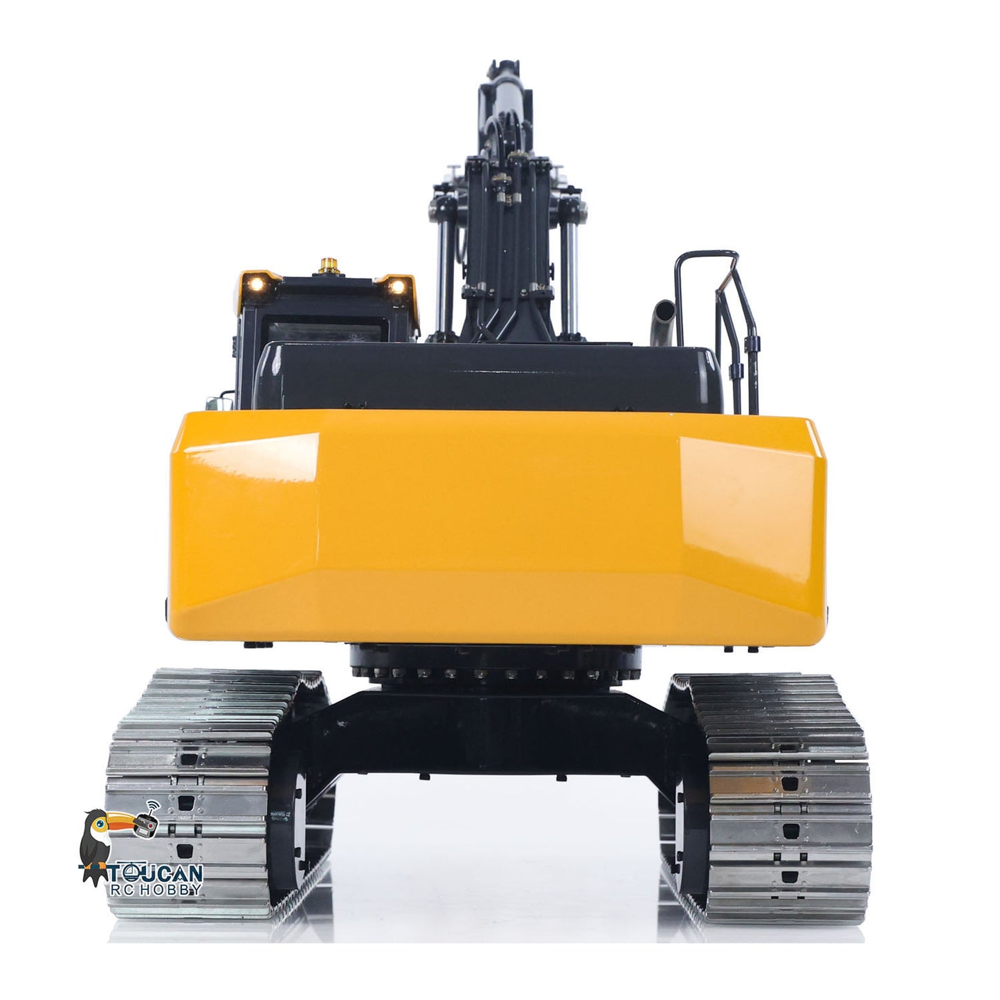 Full assembled yellow black FROG-1 rc excavator hydraulic power system metal track digger hammer version two stage boom standard bucket outfitted with FrSky X14 remote control transmitter
