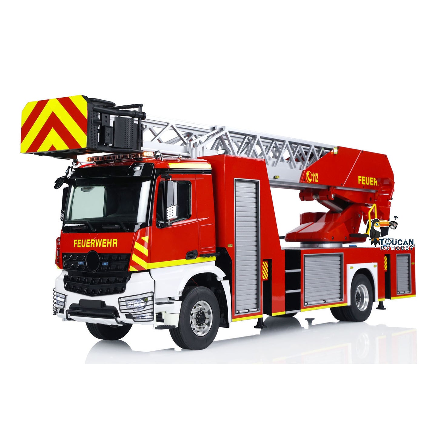 Fully painted and assembled RC fire truck in German version, red and black body
