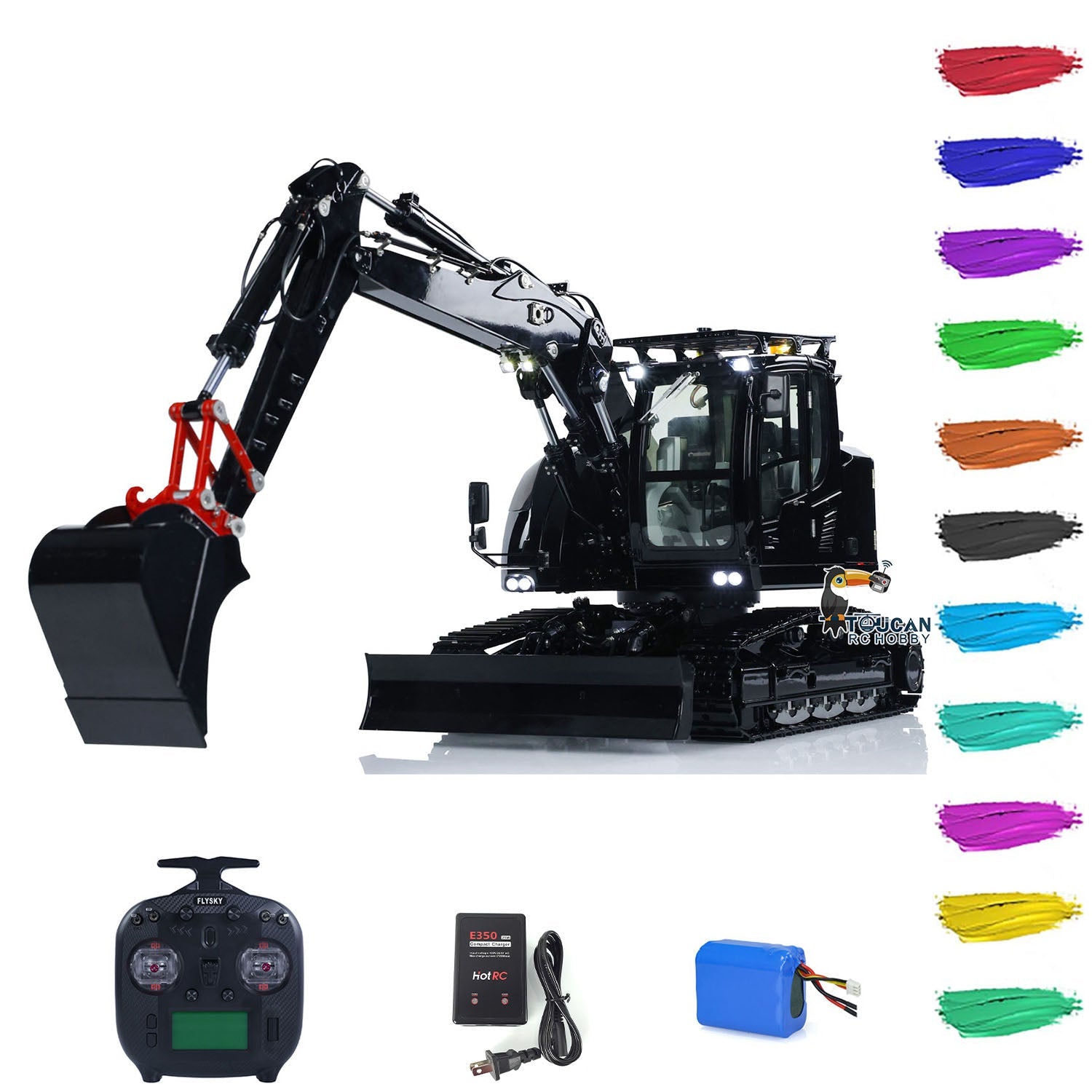 RC hydraulic excavator with metal three section boom five way directional valve equipped with motor esc servo light set sound set ST8 remote control
