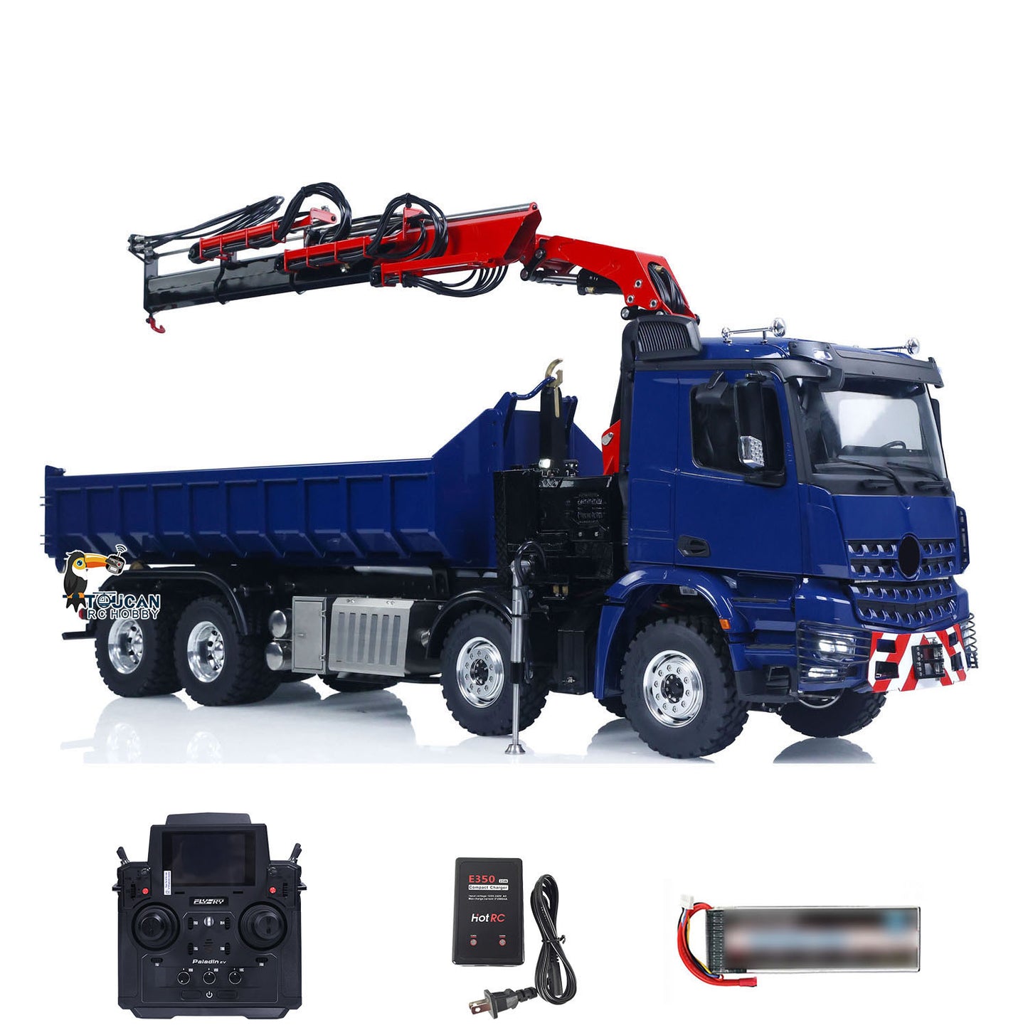 RC heavy truck constructed with metal hydraulic system and onboard crane

