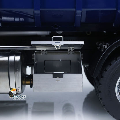 Remote control truck with onboard crane and hydraulic tipping function
