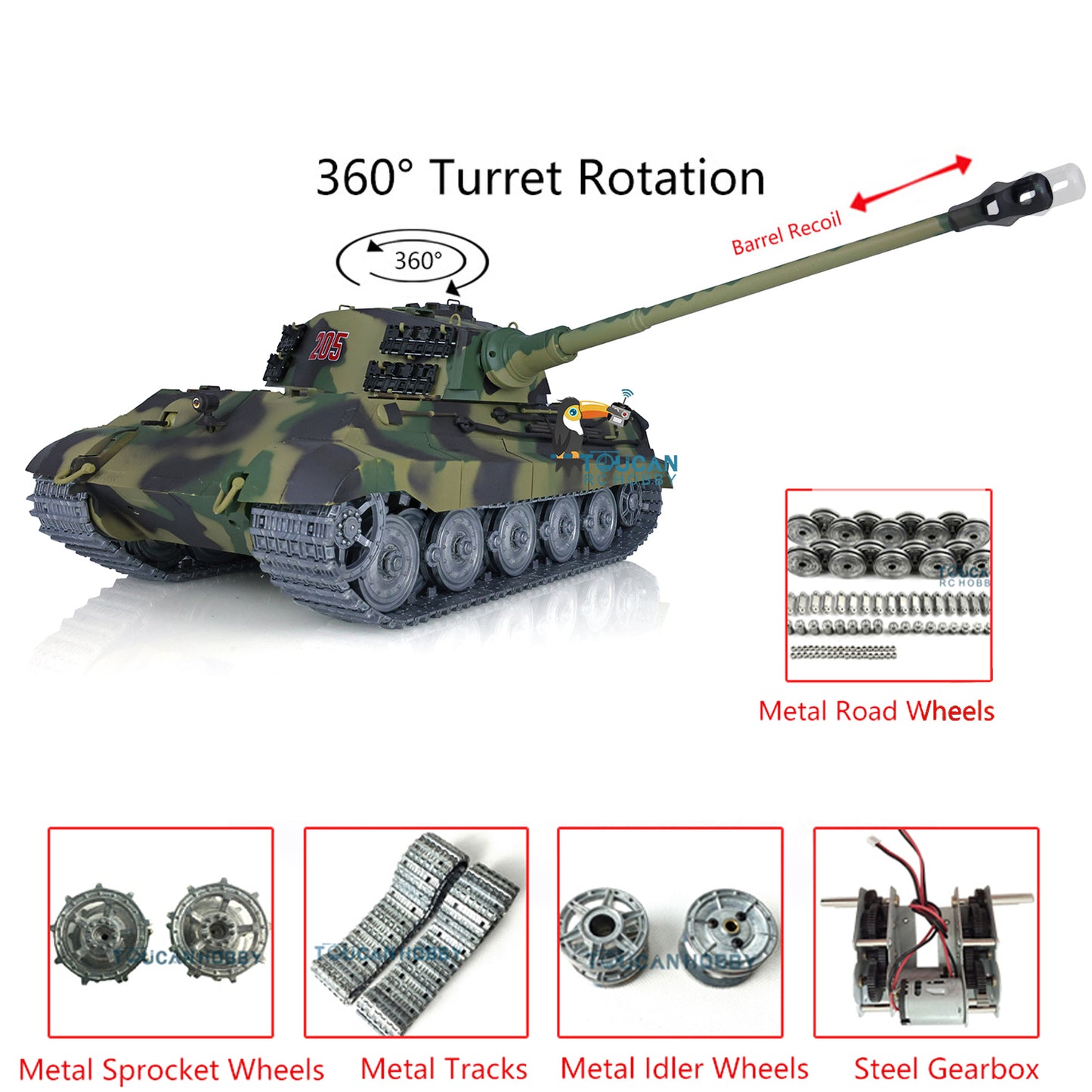 RC tank assembled with metal tracks and heavy steel driving gearbox
