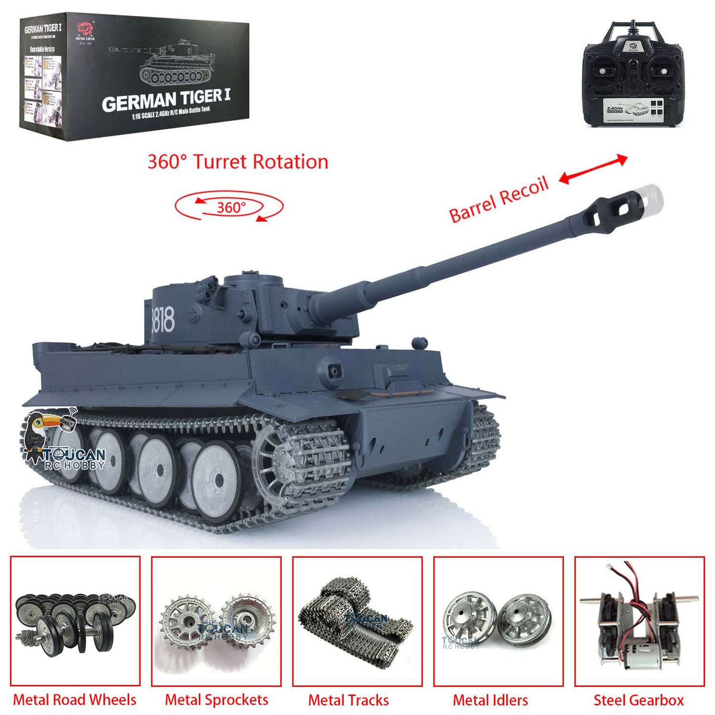Henglong RC Tiger I tank 3818 Pro 7.0 version equipped with metal tracks metal road wheels steel driving gearbox 360 turret barrel recoil IR BB smoke function
