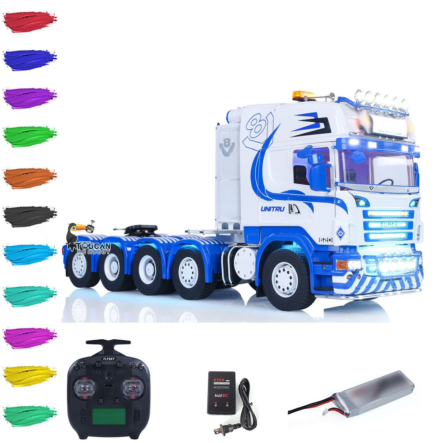 10x1 RC truck equipped with 12 airbag rear suspension and flexible rear steering system
