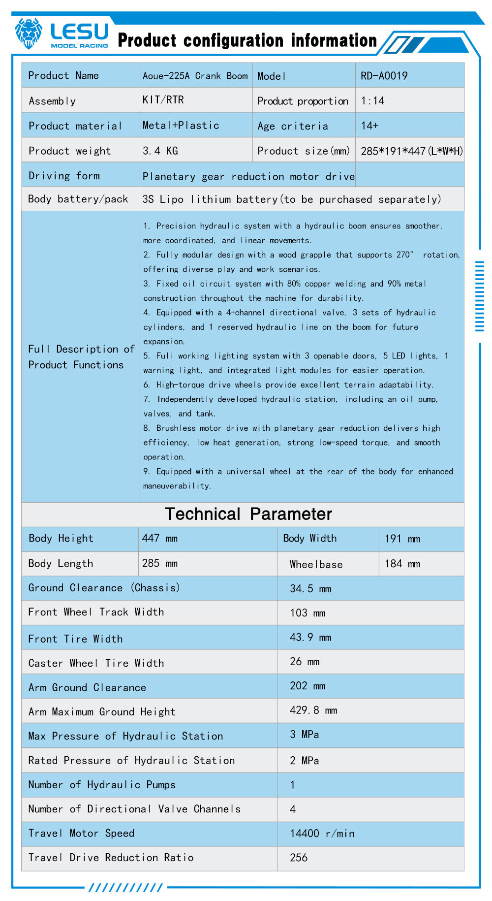 1/14 LESU AOUE 225A RC Hydraulic Log Loader Remote Control Sugarcane Loader Grabber 4CH Valve Wheeled RTR PNP Model Battery Radio
