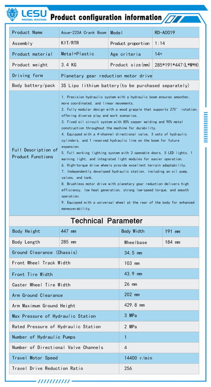 1/14 LESU AOUE 225A RC Hydraulic Log Loader Remote Control Sugarcane Loader Grabber 4CH Valve Wheeled RTR PNP Model Battery Radio