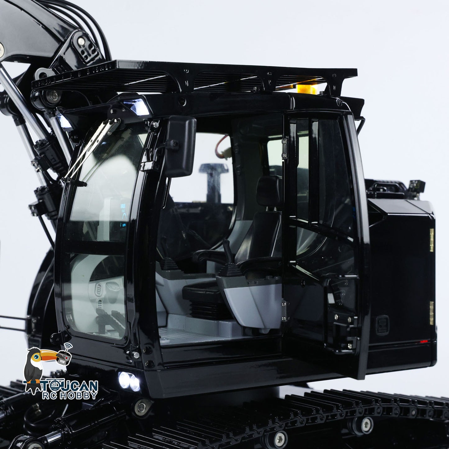 RC hydraulic excavator with rear protective cover metal guard net detachable cab multi functional warning lights
