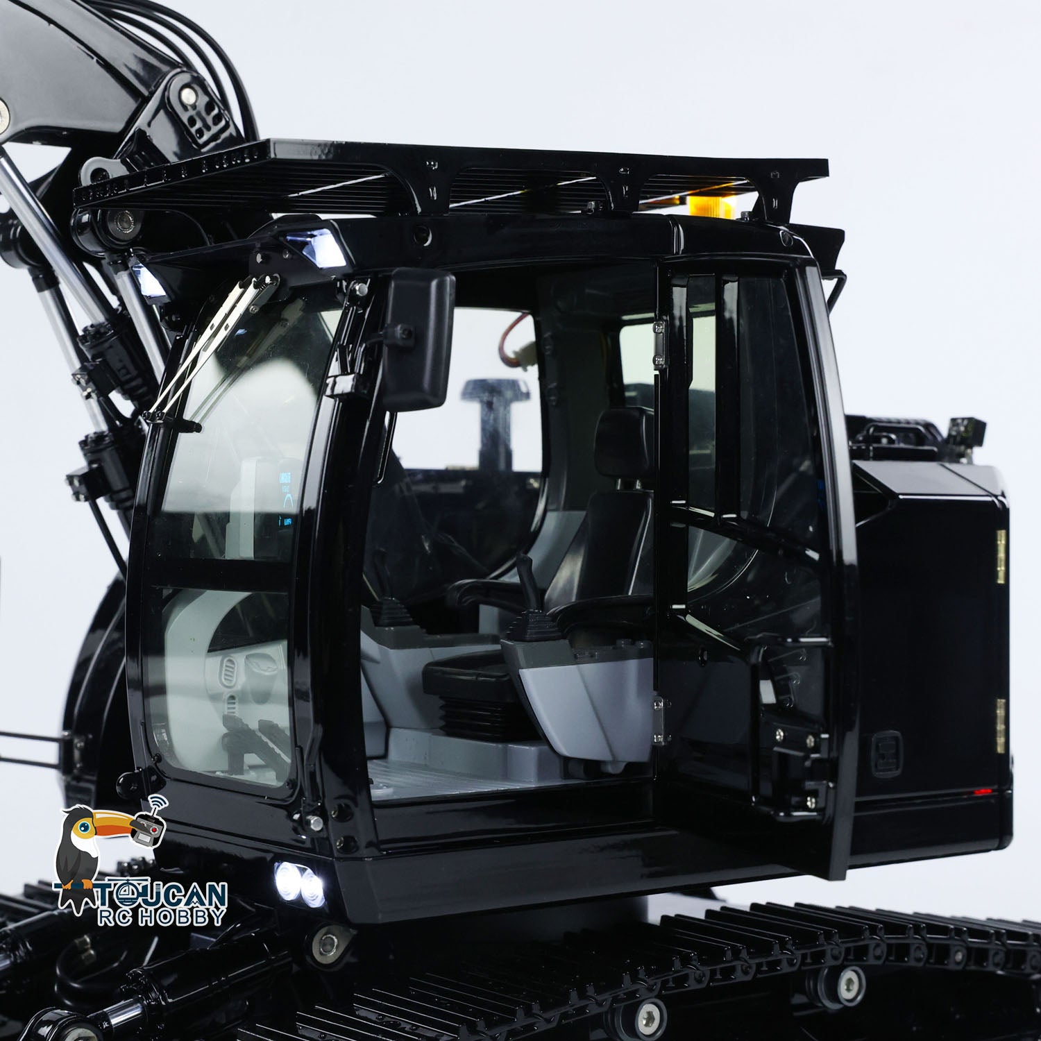 RC hydraulic excavator with rear protective cover metal guard net detachable cab multi functional warning lights

