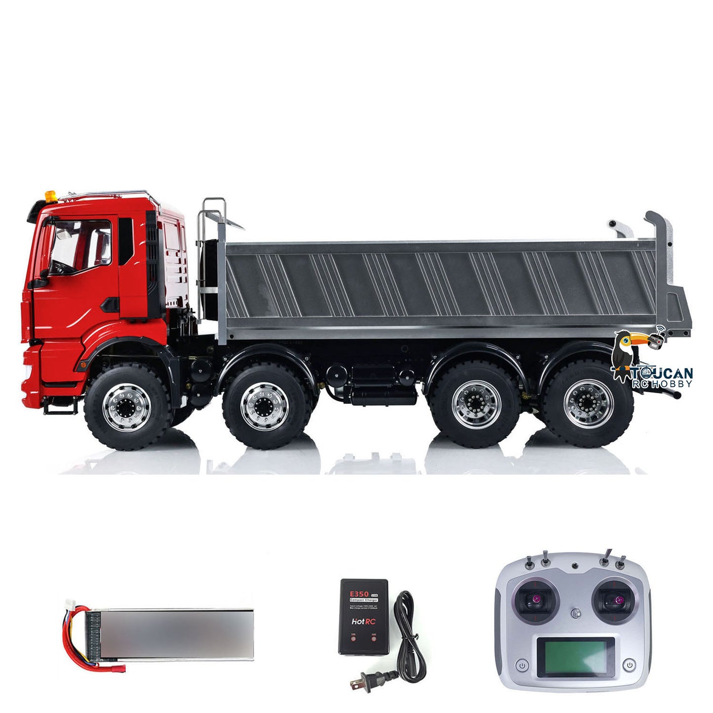 Red toucan paint metal cab LESU 8x8 hydraulic dump truck silver tipper bed built in light sound I6s remote
