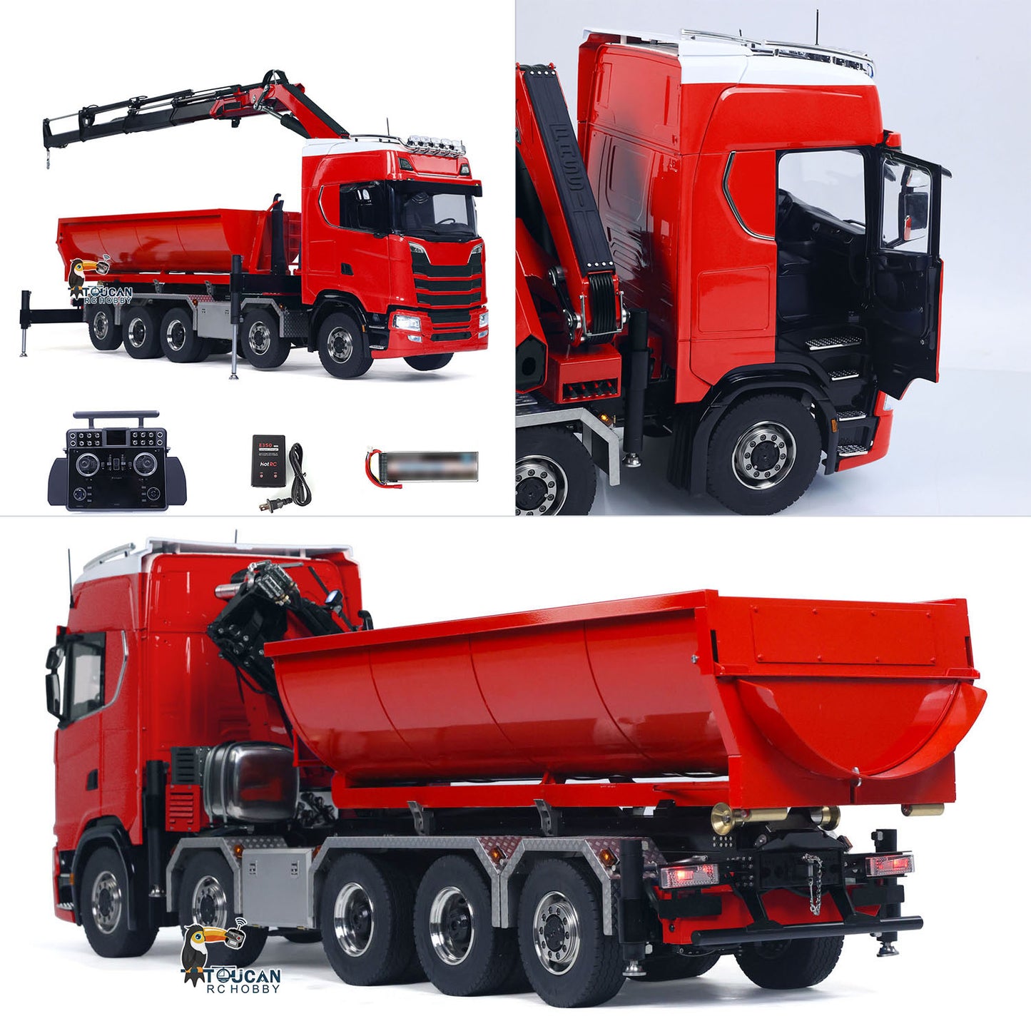 1/14 10x10 Remote Control Hydraulic Crane Dump Truck Metal Chassis Rail RC Full Tipper 770S Differential Lock Rear Steering Axle