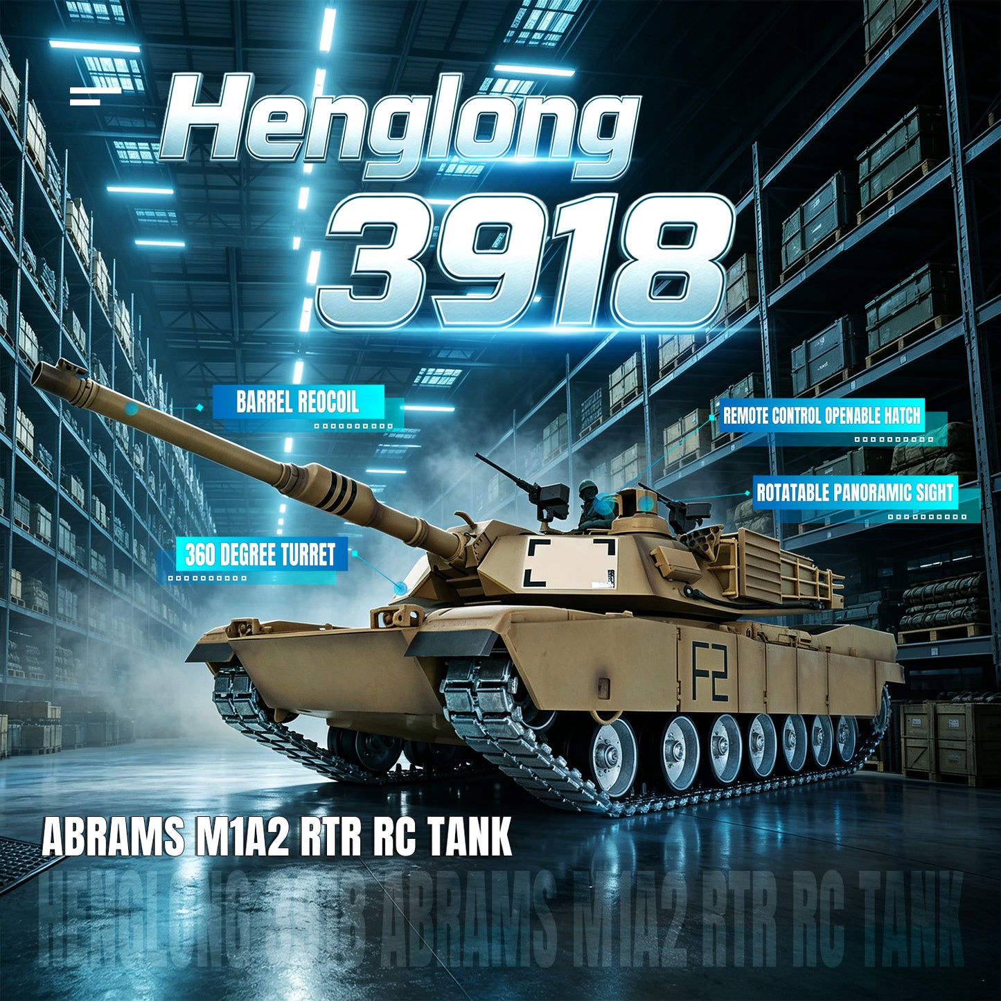 Henglong Abrams RC Tank 1/16 7.1 3918 Remote Control Tracked Car Openable Hatch