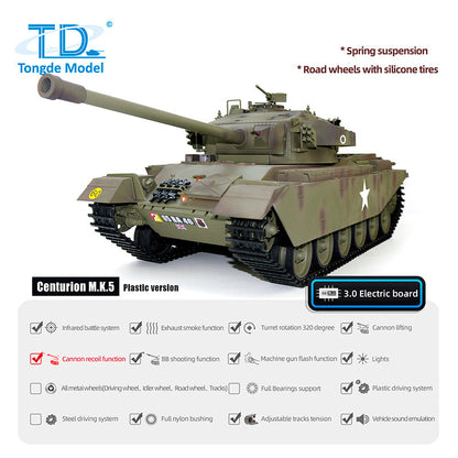 Tongde 1/16 RC Infrared Battle Tank Remote Controlled Panzer Centurion MK5 Electric Tanks BB Shooting Barrel Recoil Model