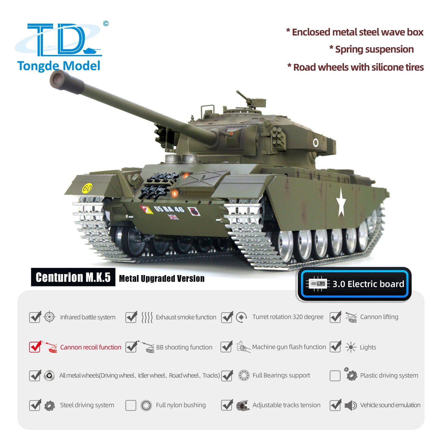 Tongde 1/16 RC Infrared Battle Tank Remote Controlled Panzer Centurion MK5 Electric Tanks BB Shooting Barrel Recoil Model
