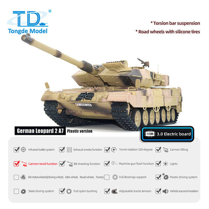 Tongde 1/16 RC Infrared Battle Tank German Leopard2A7 Electric Radio Control Military Vehicle Barrel Recoil Optional Version Painted