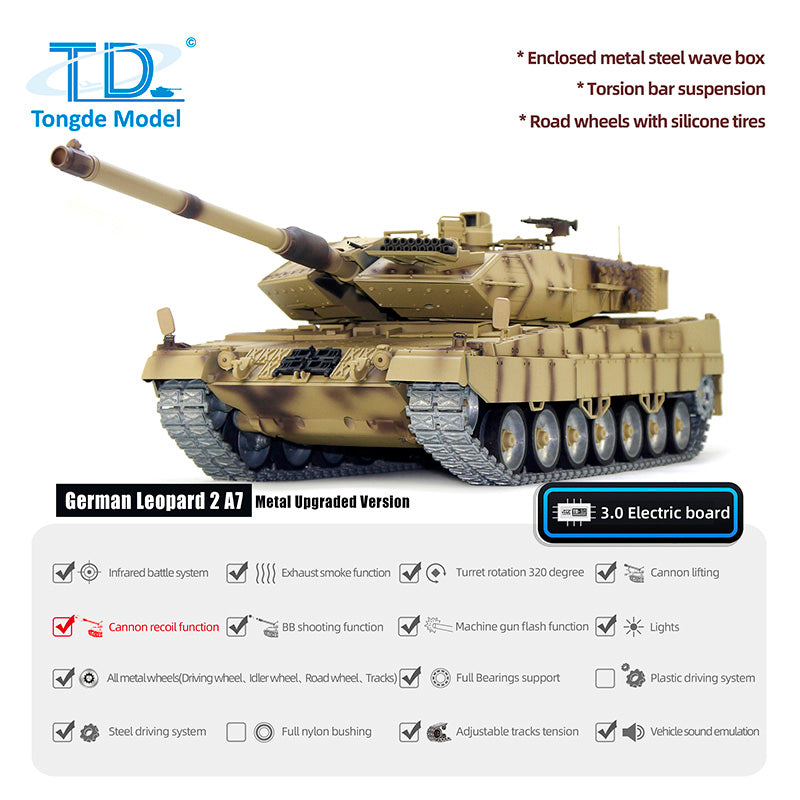 Tongde 1/16 RC Infrared Battle Tank German Leopard2A7 Electric Radio Control Military Vehicle Barrel Recoil Optional Version Painted