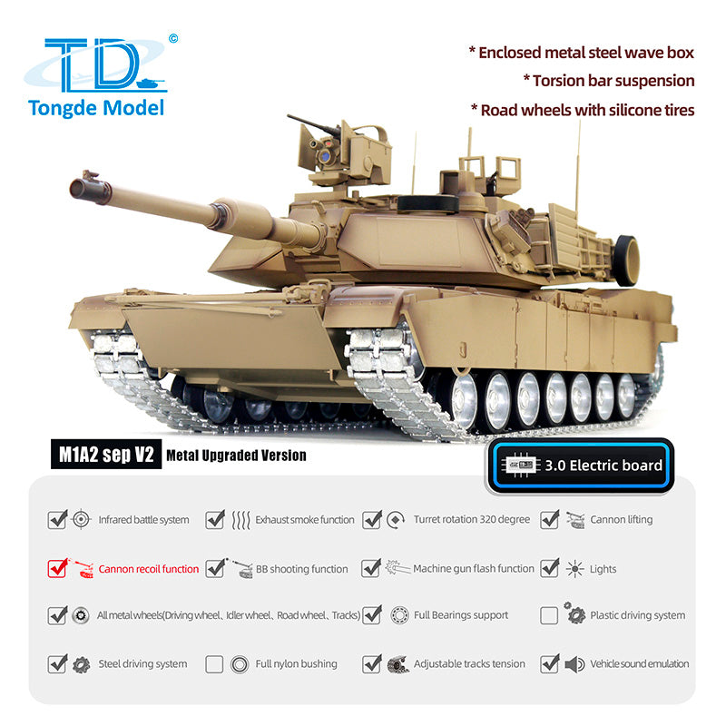 1/16 Tongde RC Infrared Battle Tank Radio Control Panzer M1A2 SEP V2 Abrams Electric Military Tanks 320 Rotation Simulation Model Barrel Recoil BB Unit