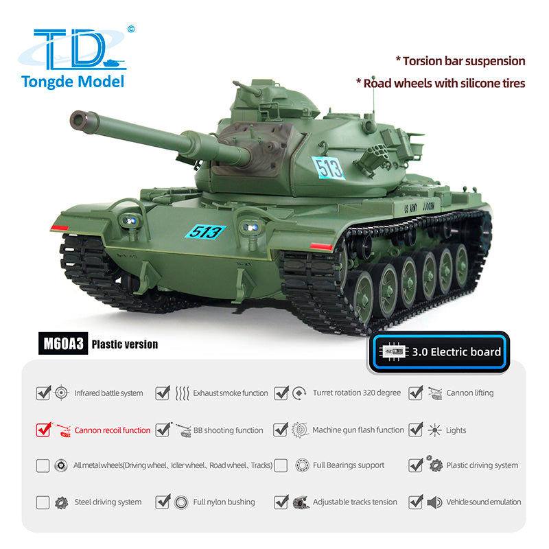 TD Model 1/16 RC Tank M60A3 USA Remote Control Battle Panzer Hobby Model Simulation Military Vehicle Barrel Recoil BB Unit Sound Smoke