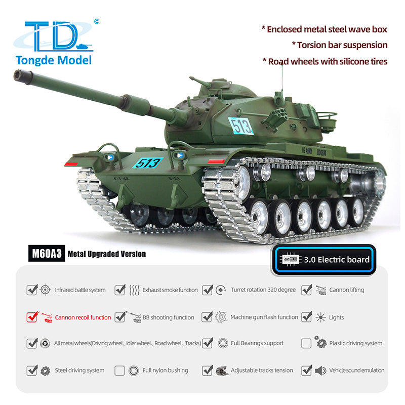 TD Model 1/16 RC Tank M60A3 USA Remote Control Battle Panzer Hobby Model Simulation Military Vehicle Barrel Recoil BB Unit Sound Smoke