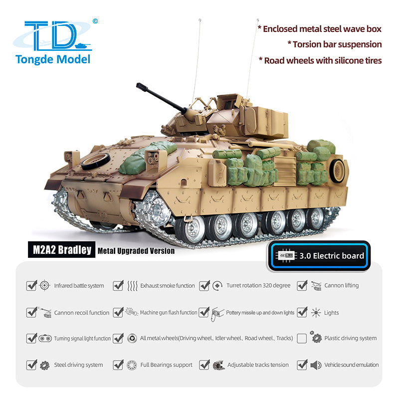1/16 Tongde RC Tank Remote Control Panzer M2A2 Bradley Electric Infantry Fighting Vehicle DIY Simulation Model Barrel Recoil Without BB Unit