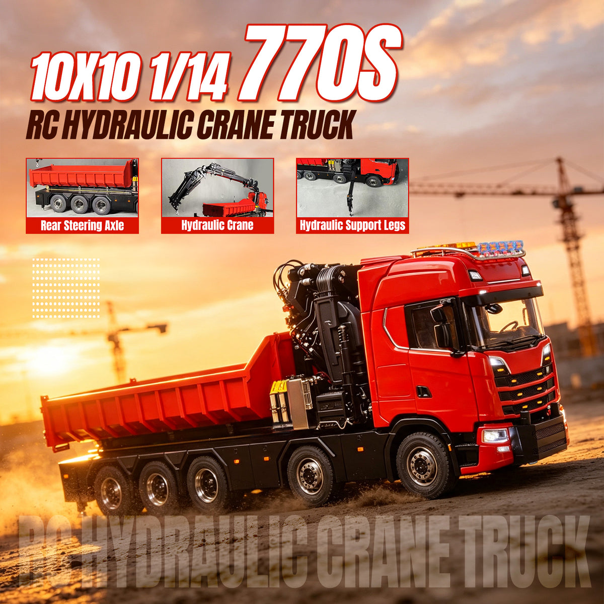 TOUCAN RC HOBBY 770S 1/14 Metal 10x10 RC Roll On Off Crane Dump Truck RTR 10CH Valve 3-Speed Gearbox Fly Jib Arm Winch Differential Locks Light Sound Rear Axle Lift Steering
