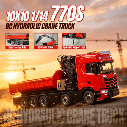 TOUCAN RC HOBBY 770S 1/14 Metal 10x10 RC Roll On Off Crane Dump Truck RTR 10CH Valve 3-Speed Gearbox Fly Jib Arm Winch Differential Locks Light Sound Rear Axle Lift Steering