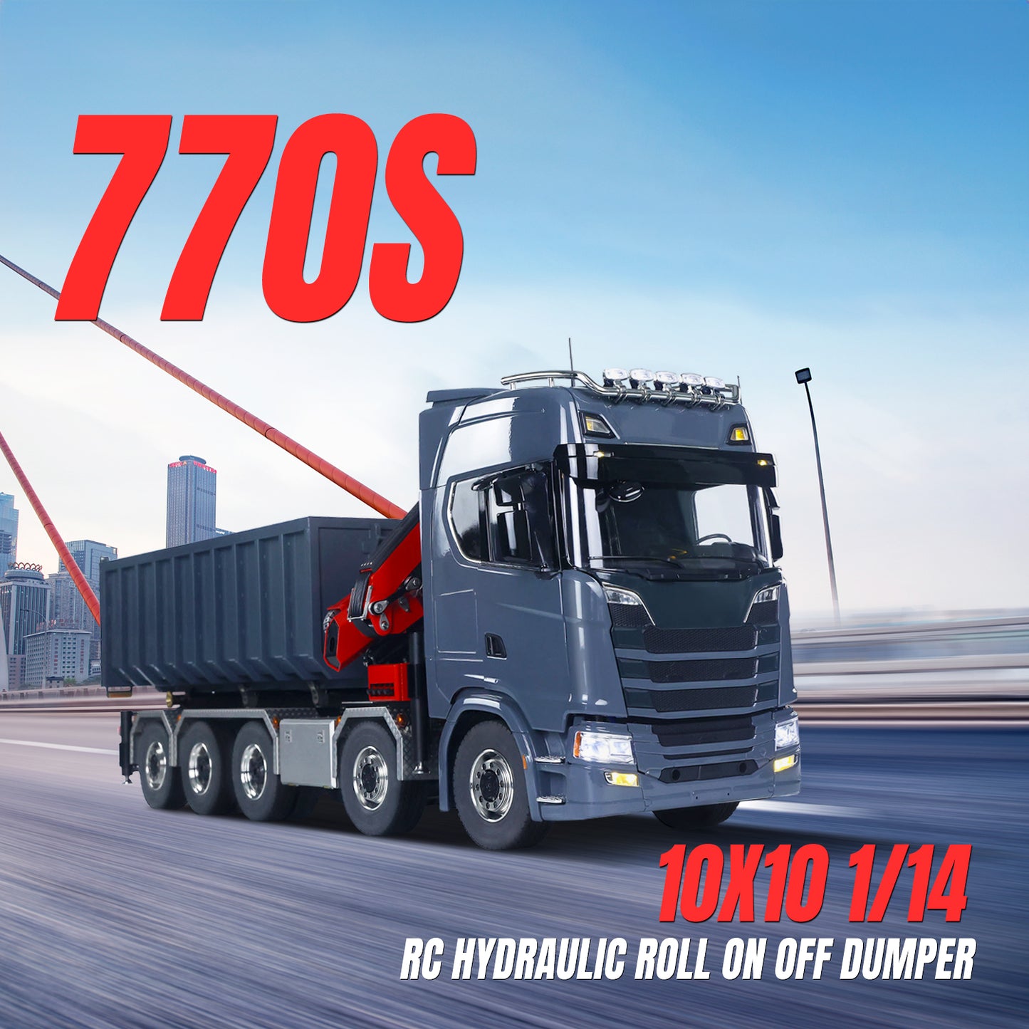 Toucanhobby 770S 1:14 5 Axles 10x10 Metal Chassis RC Hydraulic Dump Truck Remote Control Crane Full Roll Off Dumper Frsky XE Lite RC Vehicle Model