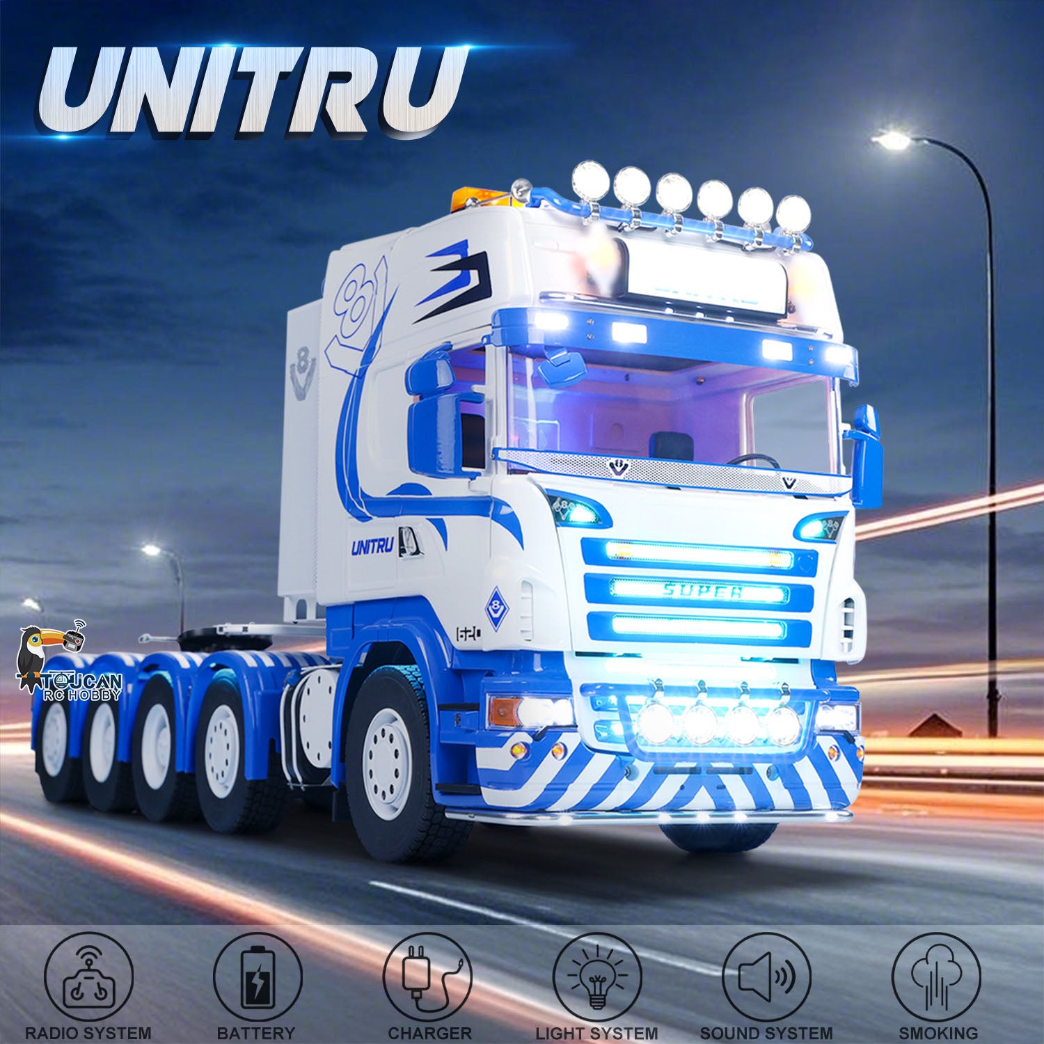 Full view of Unitru high roof RC tractor truck with 10x10 durable metal chassis, fully assembled RTR model
