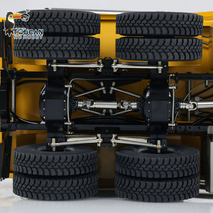 RC hydraulic dump truck with yellow cab and yellow tipping bed
