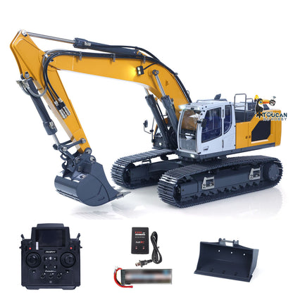 Yellow simulation rc excavator with leveling bucket manual quick disconnect battery charger included
