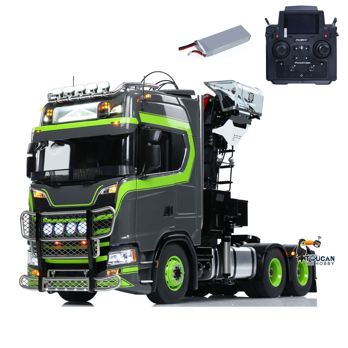 Dark gray and green full assembled RC heavy tractor truck complete electronic accessory set
