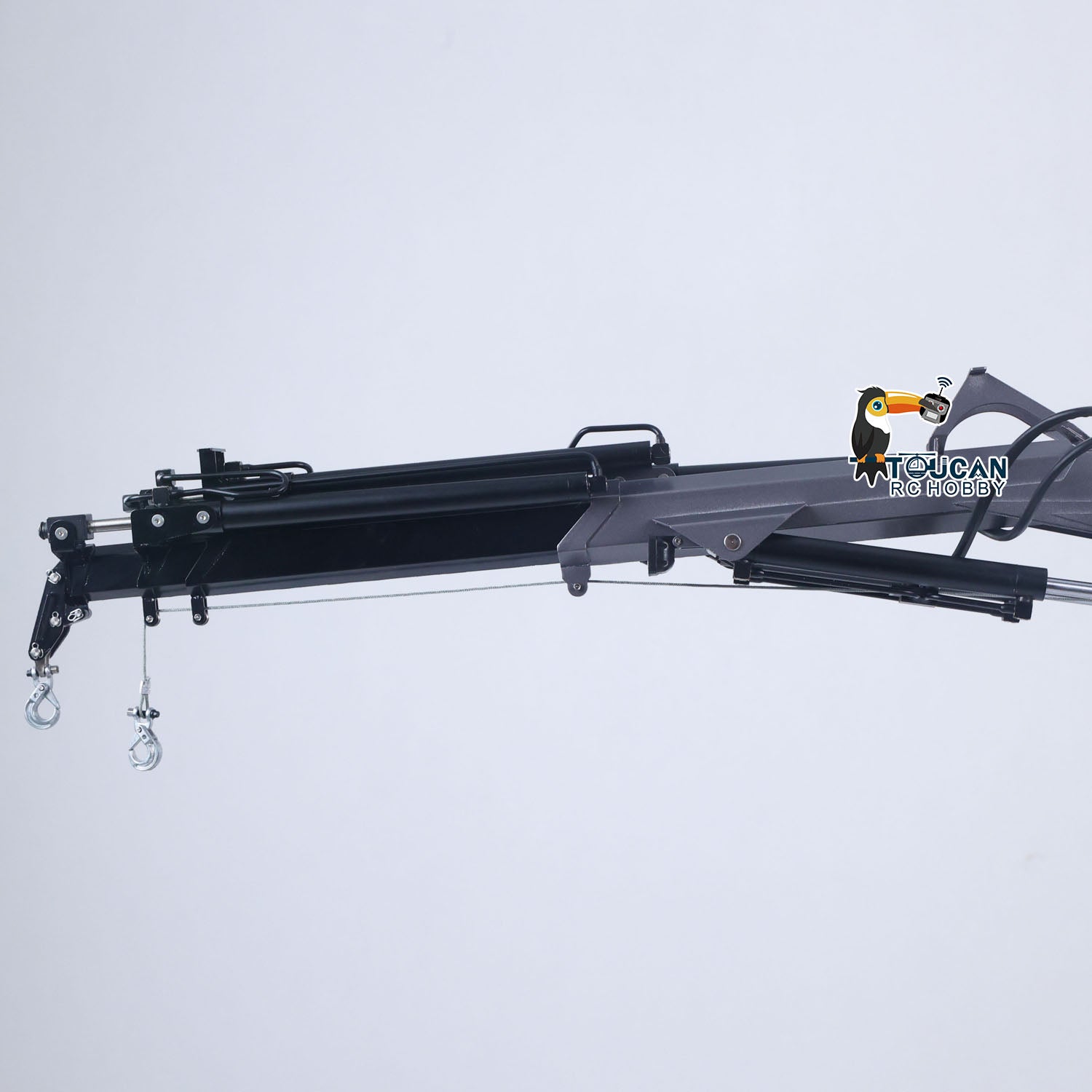 Multifunctional 6x6 RC tractor with lifting crane fly jib and detachable transport bucket
