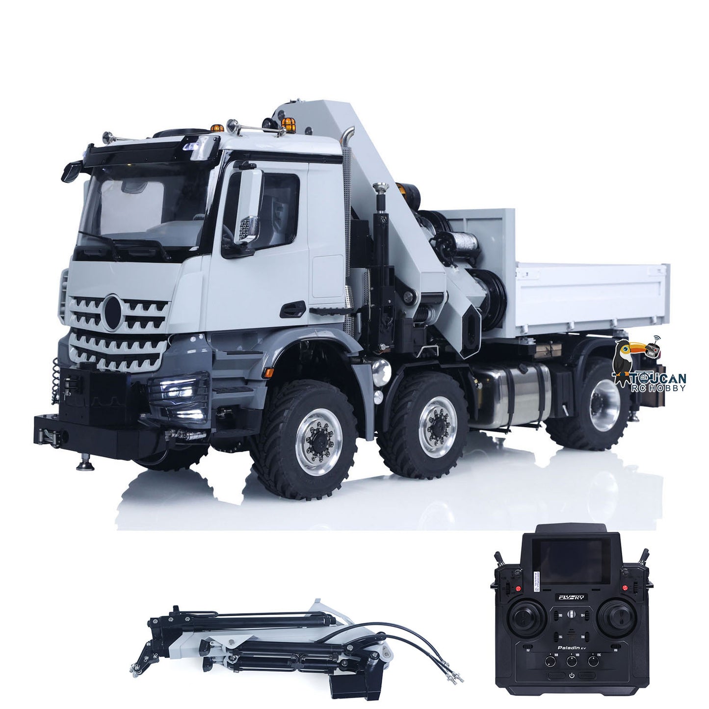 6x6 remote control agricultural tractor fitted with lifting crane fly jib and detachable cargo bucket
