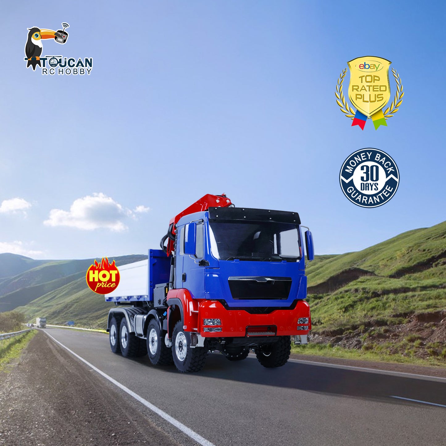8X8 remote control three way dump truck with chassis mounted crane simulation engineering vehicle
