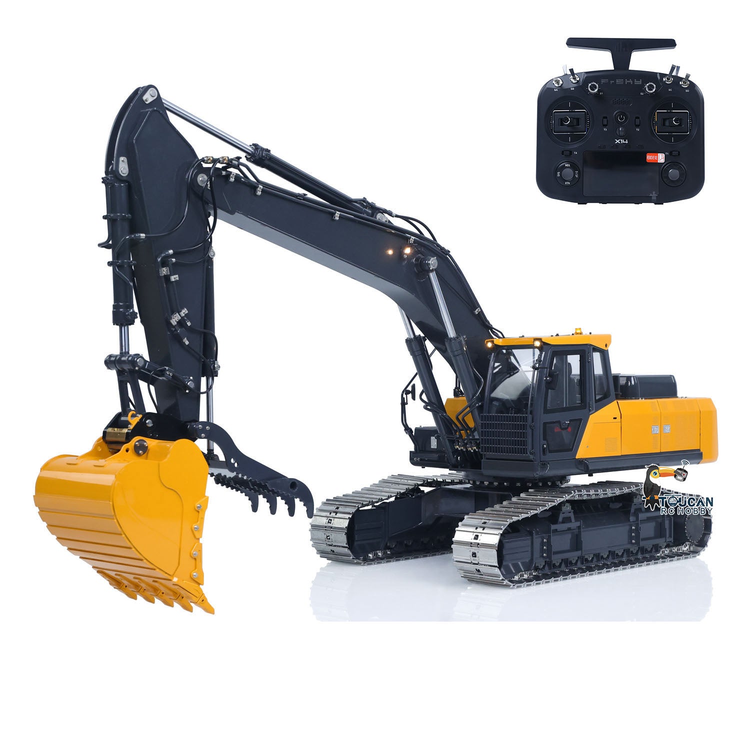 1/14 FROG Model E400 Metal Hydraulic Two‑Section Arm RC Excavator with Thumb Clamp
