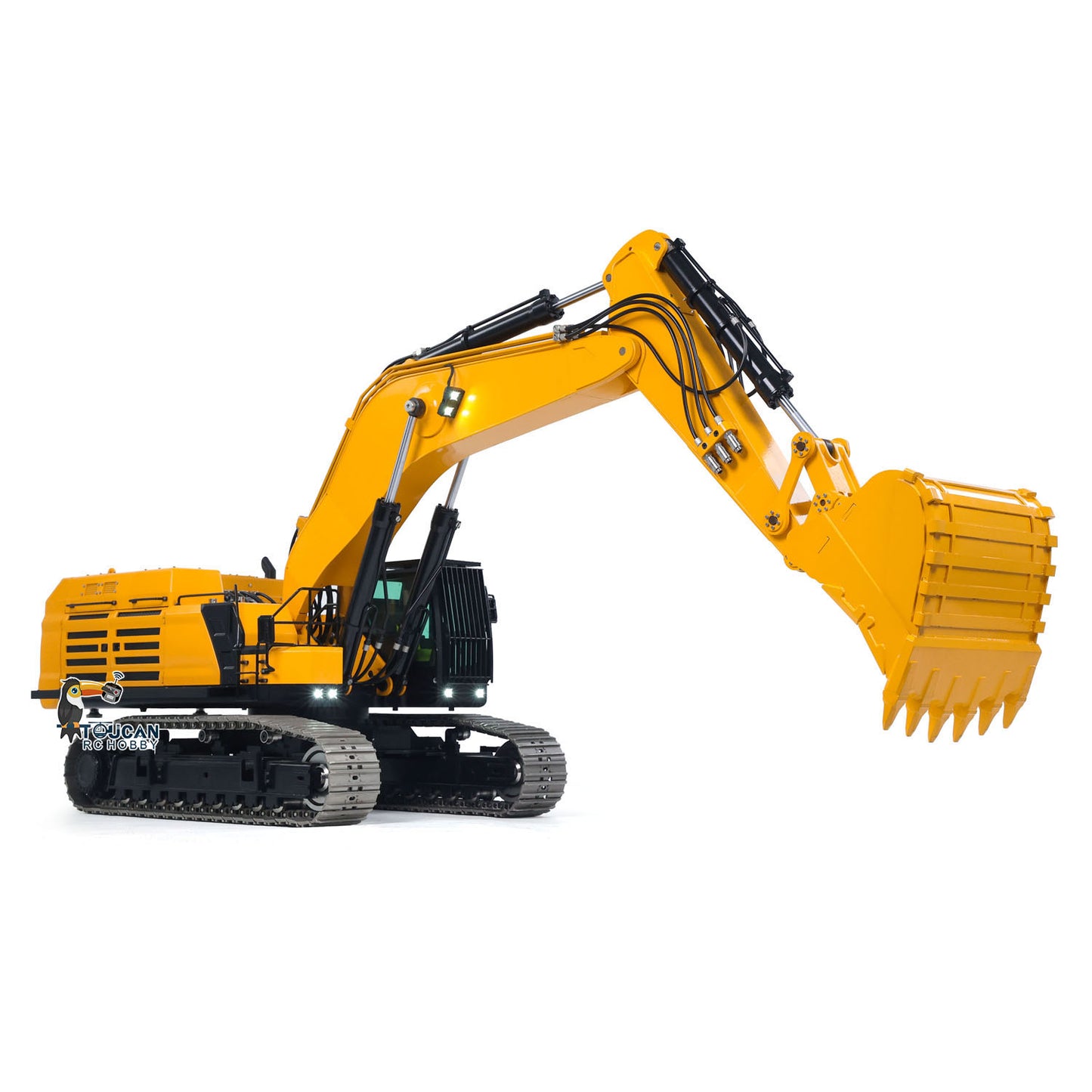 Spray painted Caterpillar yellow and black 395 RC hydraulic excavator
