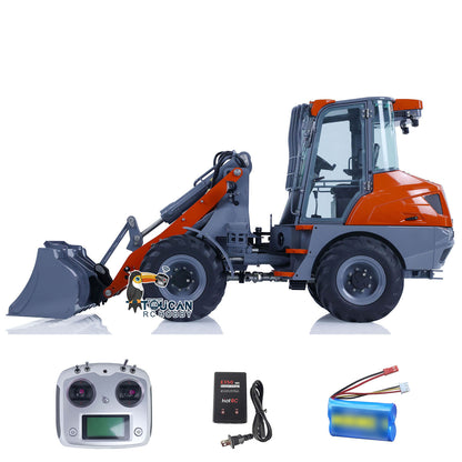 Finished assembled LESU MCL8 loader model, orange-gray paint scheme, detailed hydraulic arm and bucket for RC hobby
