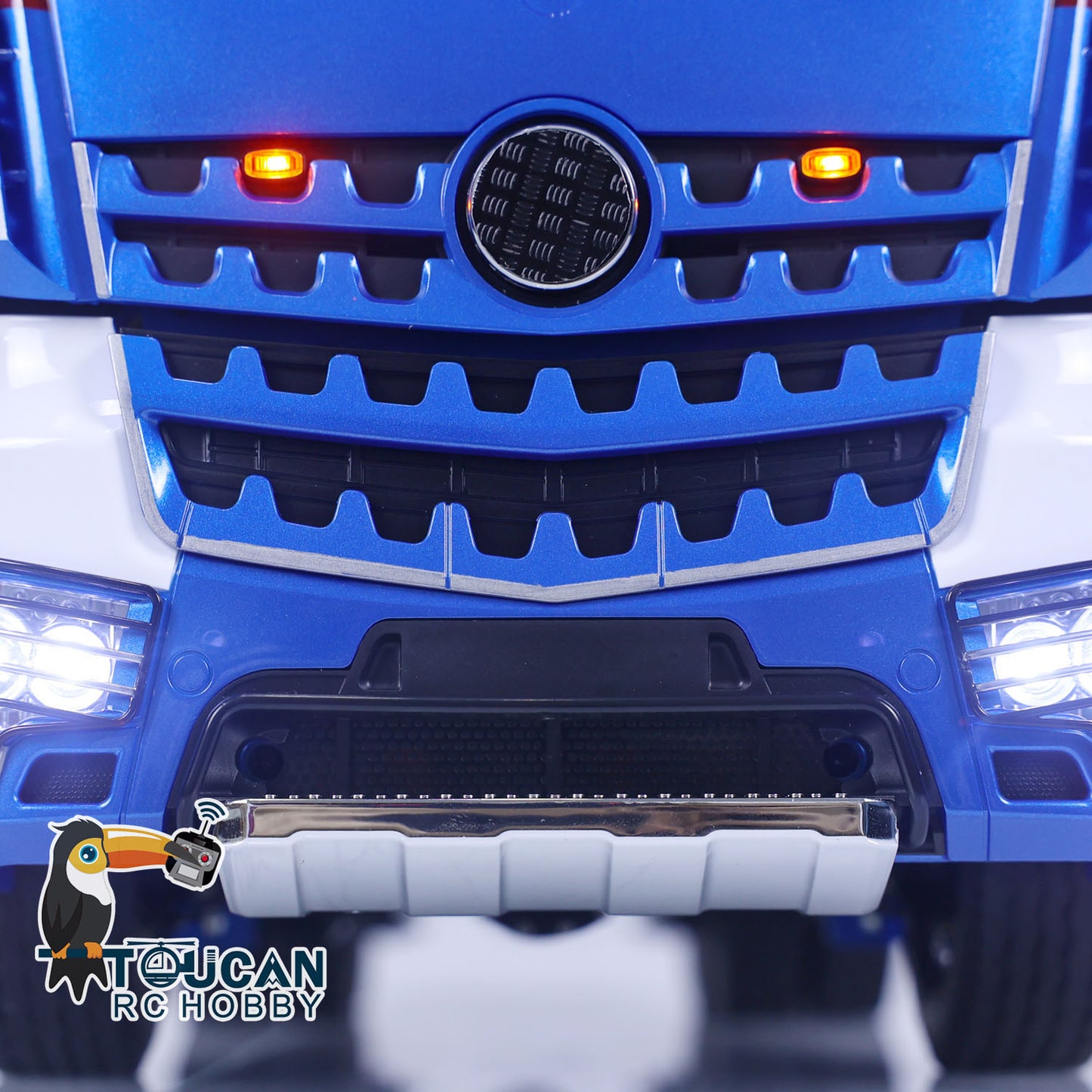 Detailed 1:14 RC freight tractor finished painted blue white color

