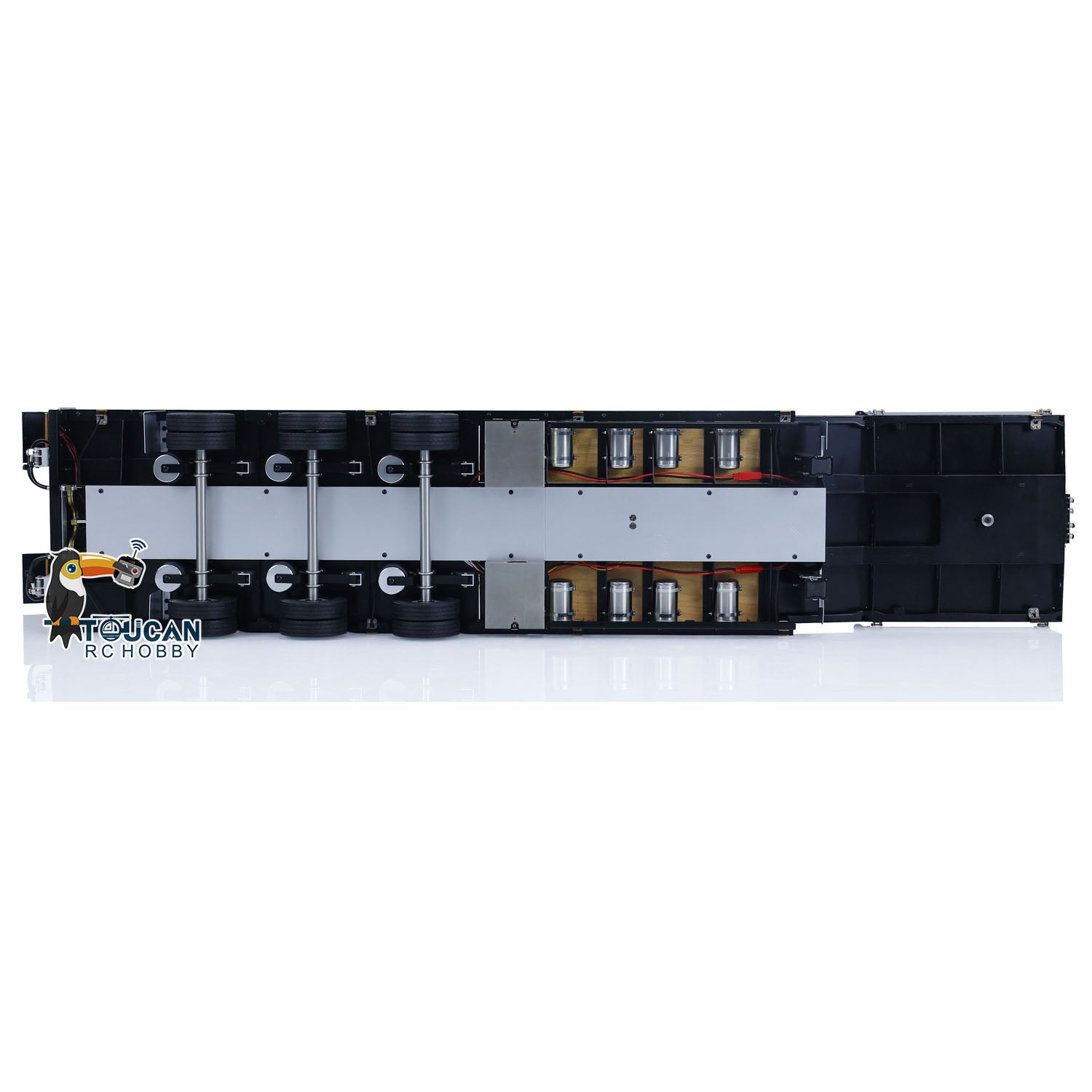 Radio controlled flatbed trailer with motor driven electric support legs
