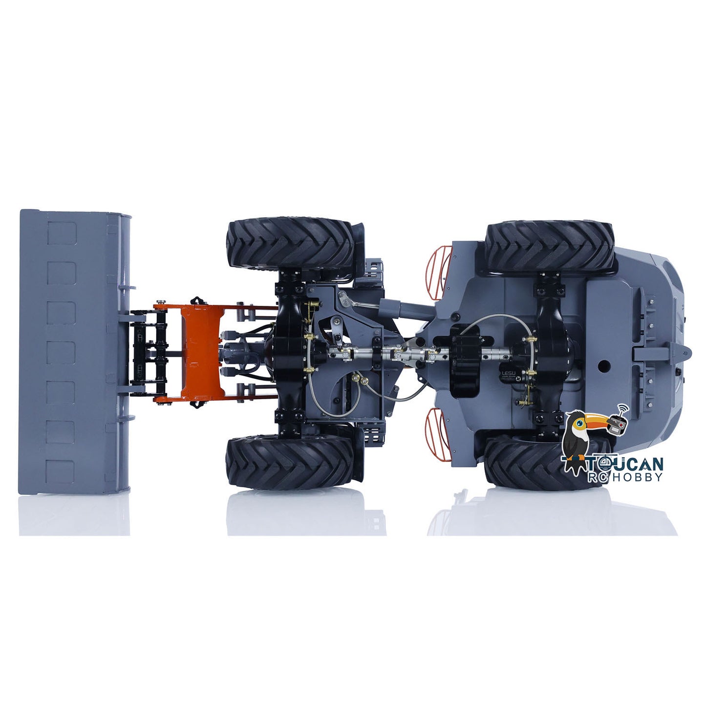 Undercarriage view of 1/14 RC loader, showing 4X4 chassis, axles and drive system of AOUE MCL8 model
