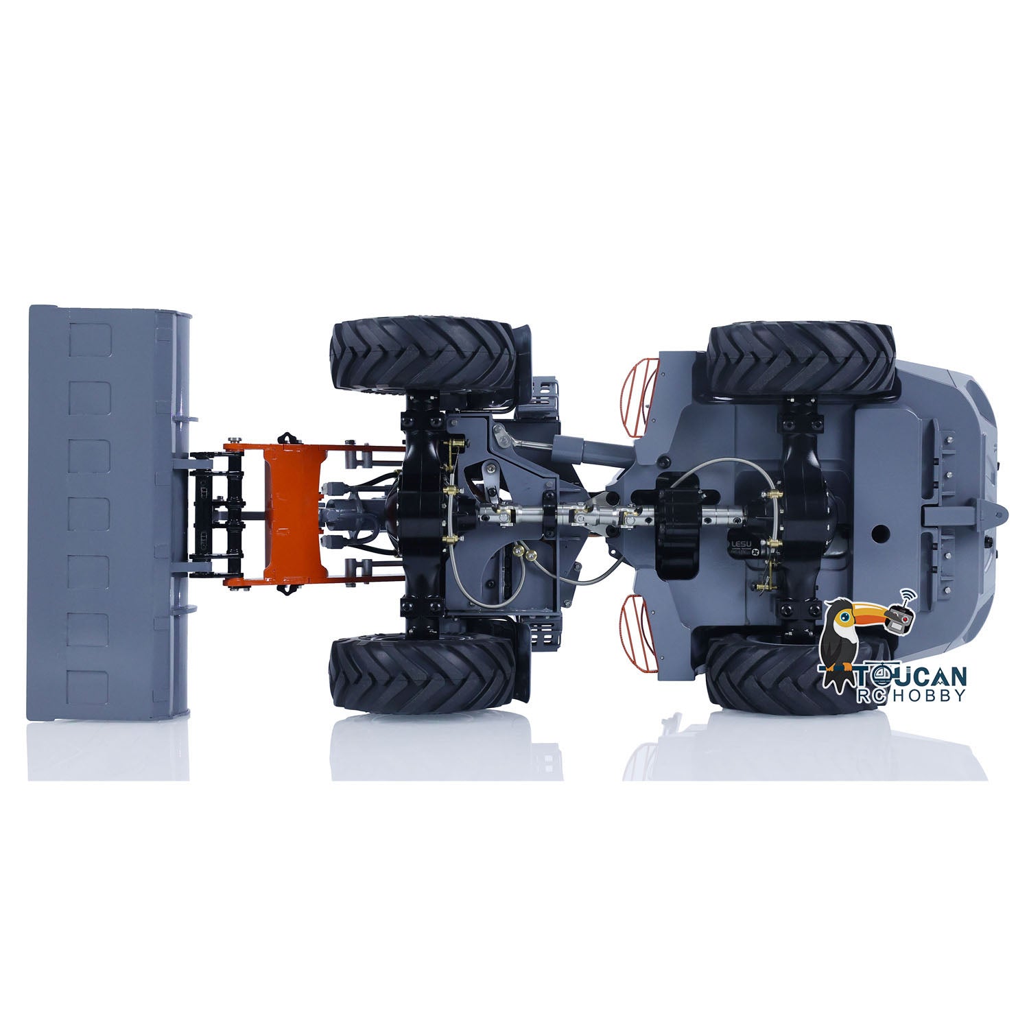 Undercarriage view of 1/14 RC loader, showing 4X4 chassis, axles and drive system of AOUE MCL8 model
