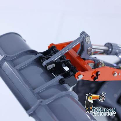 Close-up of RC loader bucket and hydraulic arm, detailed metal linkage and cylinder structure on MCL8 model
