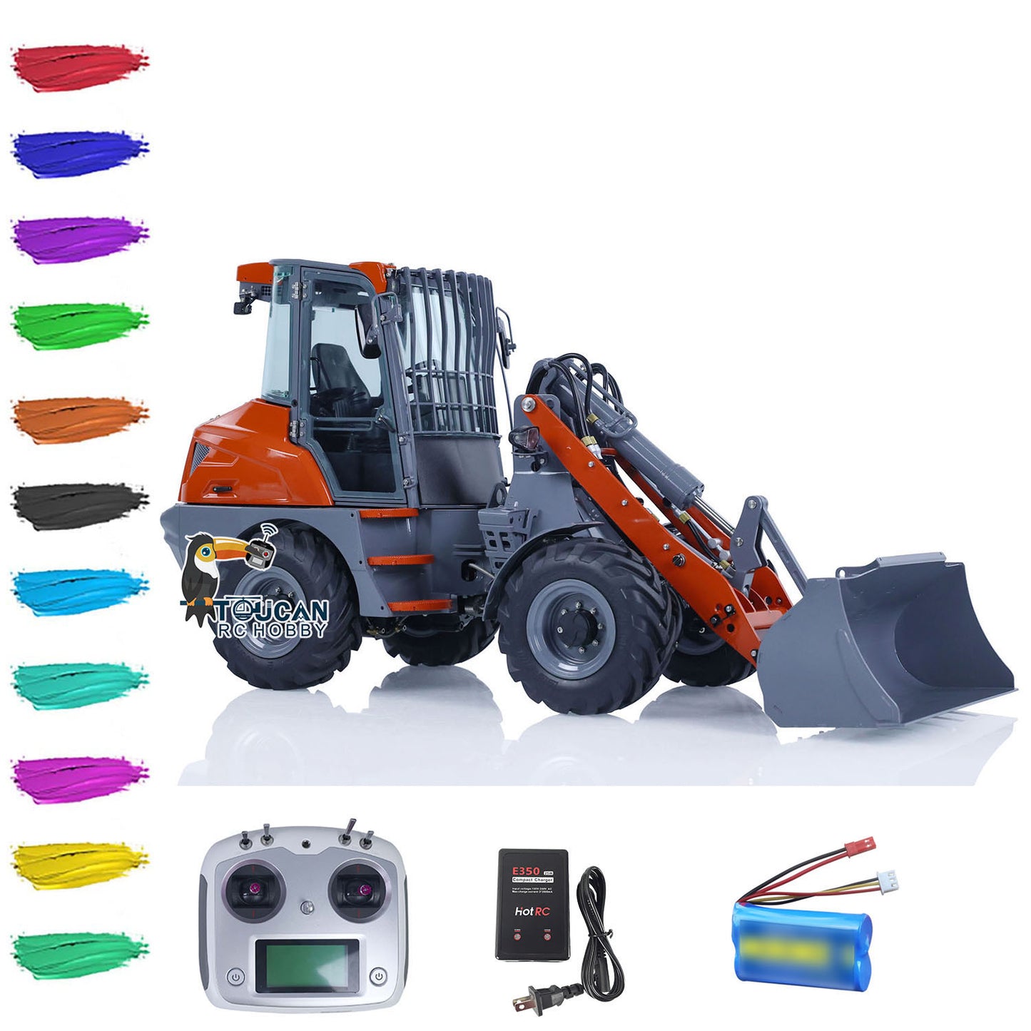 Color options for AOUE MCL8 RC wheel loader, orange gray and other paint schemes, with full RTR accessories set
