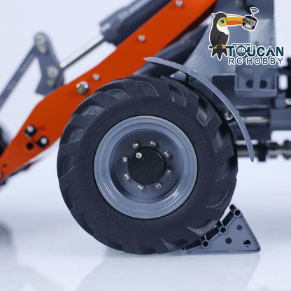 Close-up of RC loader tire and axle on AOUE MCL8 model, heavy-duty rubber tire with detailed wheel hub
