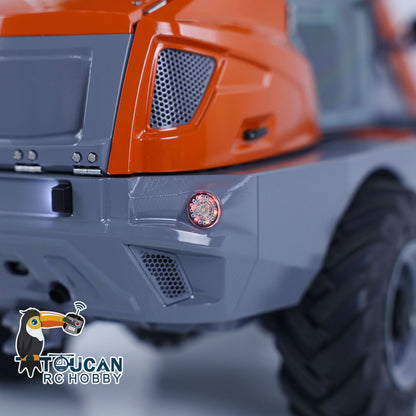 Rear body detail of LESU MCL8 RC loader, orange and gray paint finish, realistic rear bumper and light details
