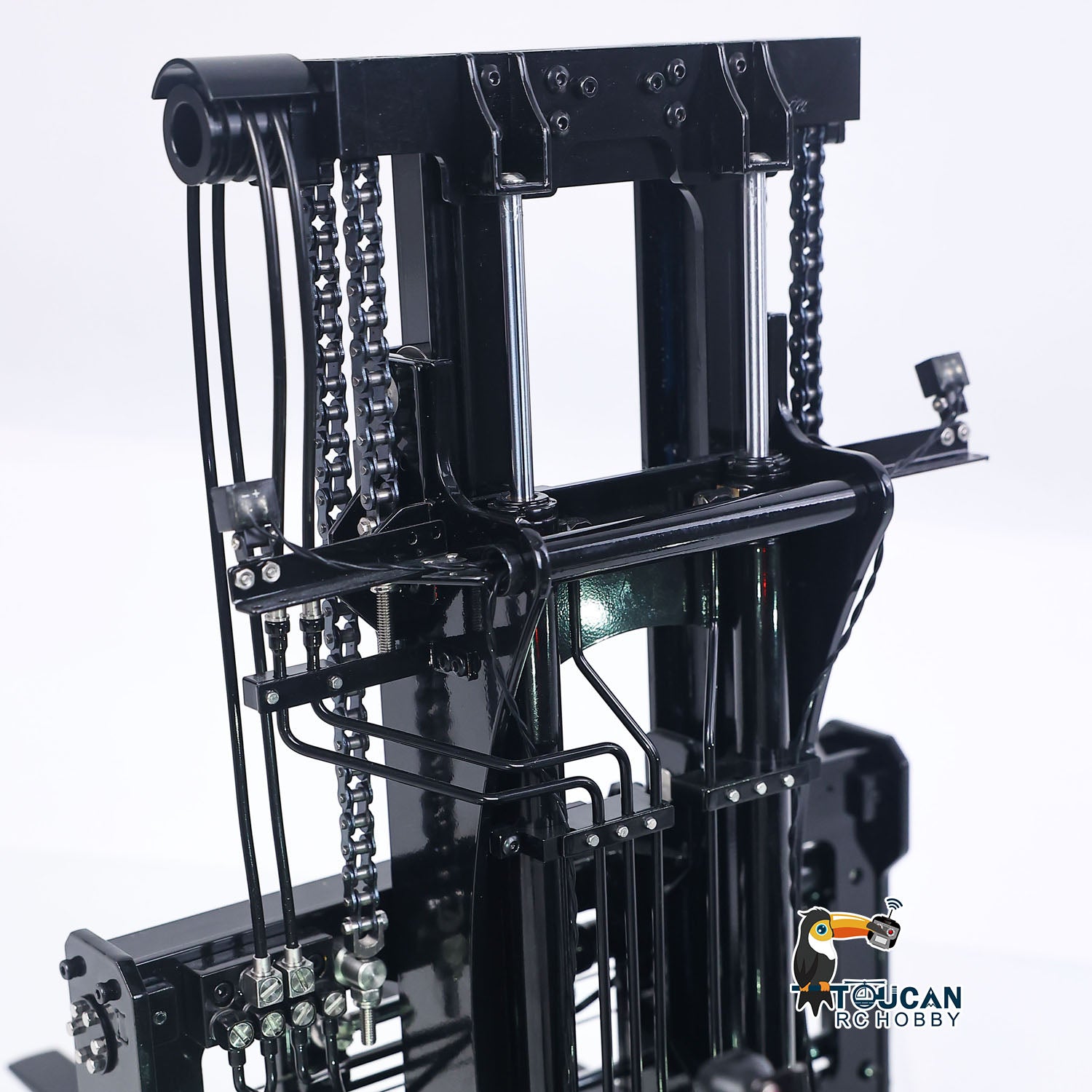 Red metal RC forklift built with motor ESC servo and lamp set
