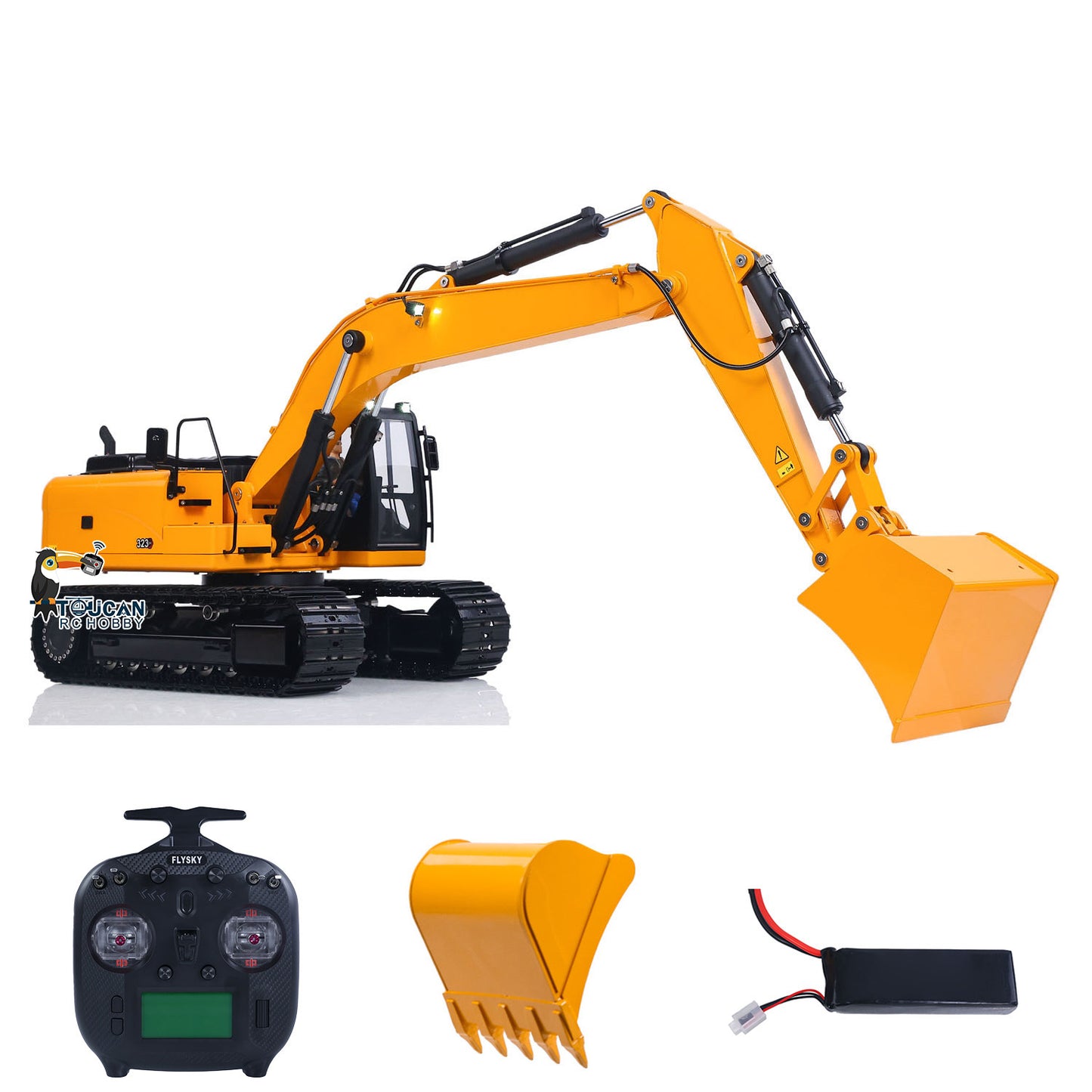 1/12 RC construction vehicle CAT 323GX hydraulic digger, 3‑way hydraulic valve, spray‑coated CAT yellow & black, original and grading buckets
